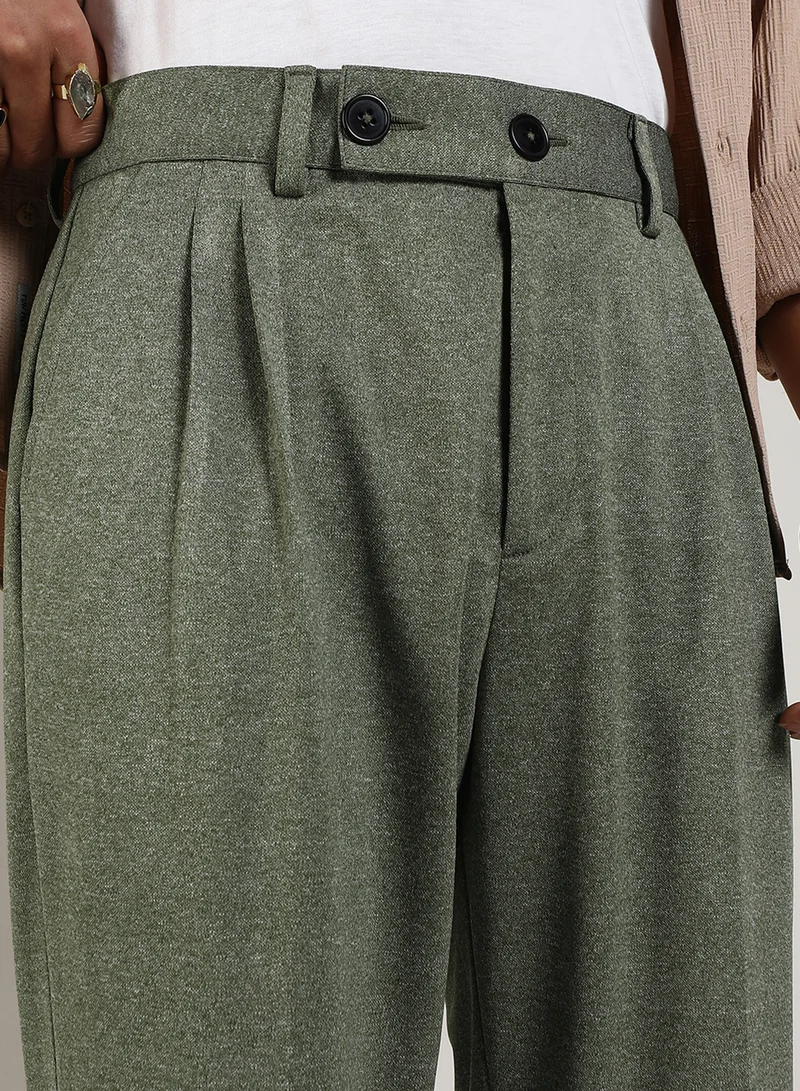 CAHOOT  Men's Olive Green Tailored Heathered Trousers For Casual Wear | Tailored-Fit | Mid-Rise | Button Closure | Trousers Crafted With Comfort Fit For Everyday Wear for Men | Best Price UAE
